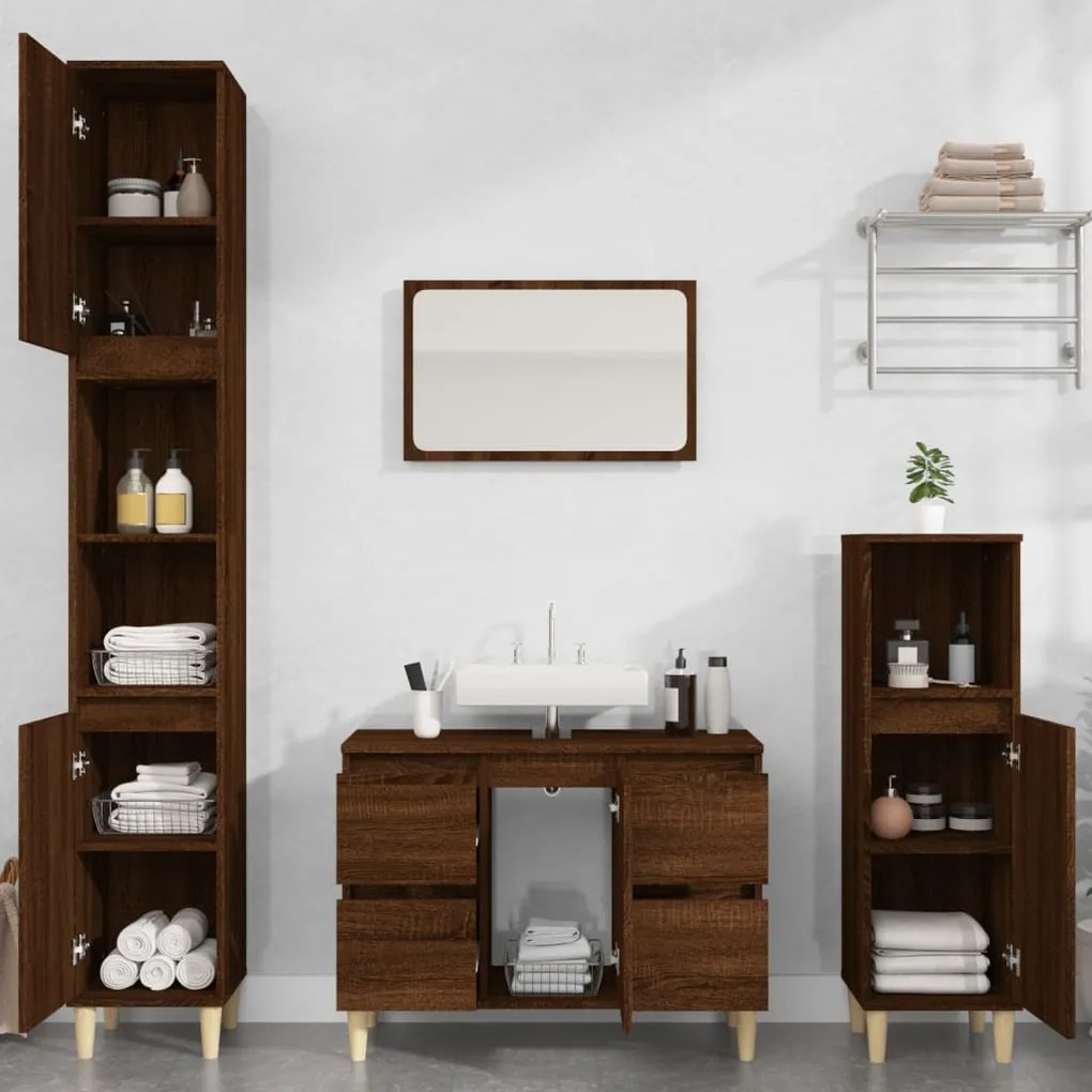 3185604 vidaXL Set mobilier de baie, 3 piese, stejar maro, lemn prelucrat
