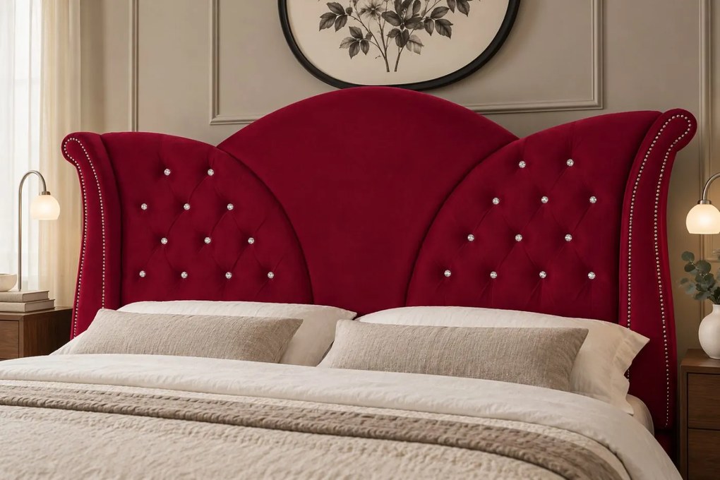 Pat tapițat Chesterfield din catifea Velora Deluxe 160×200 cm, vișiniu, cu ladă de depozitare