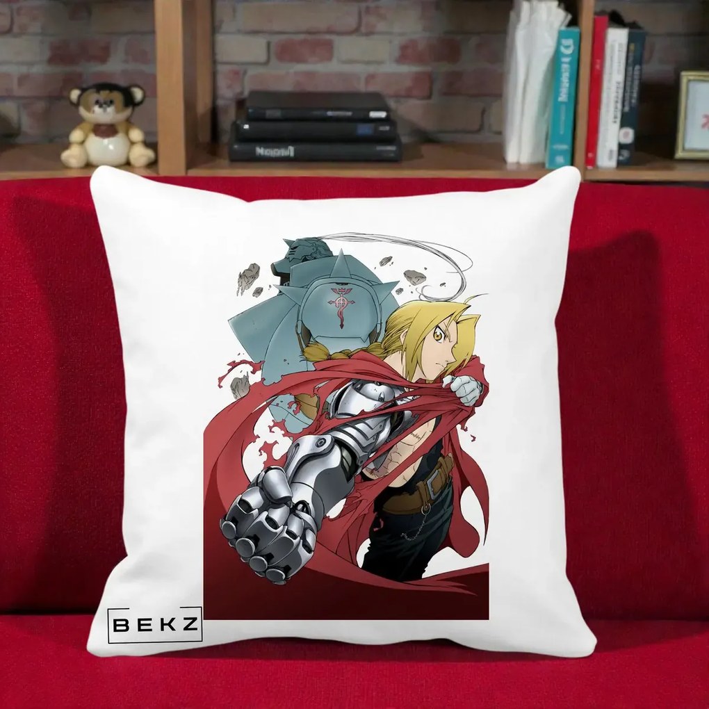 Perna Personalizata Fullmetal Alchemist Brotherhood Edward si Al Poster, 40x40 cm, Alba Mata, Husa Detasabila, Perna Inclusa, BEKZ®