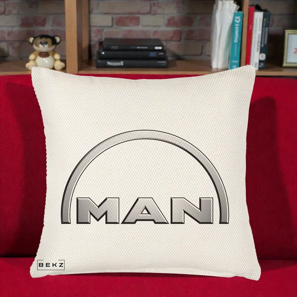 Perna Personalizata cu emblema MAN, 40x40 cm, Crem Reliefat, Husa Detasabila, Perna Inclusa, BEKZ®