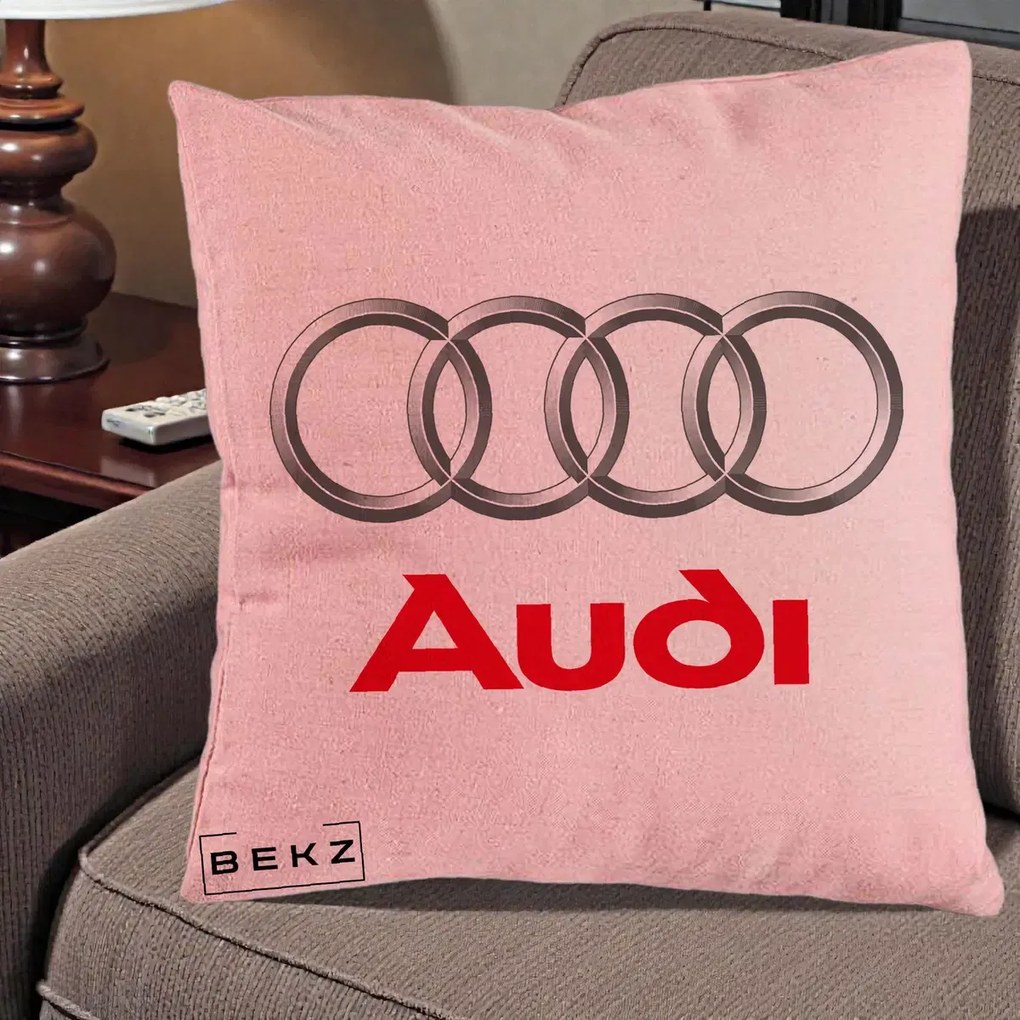 Perna Personalizata cu emblema Audi, 40x40 cm, Roz, Husa Detasabila, Perna Inclusa, BEKZ®