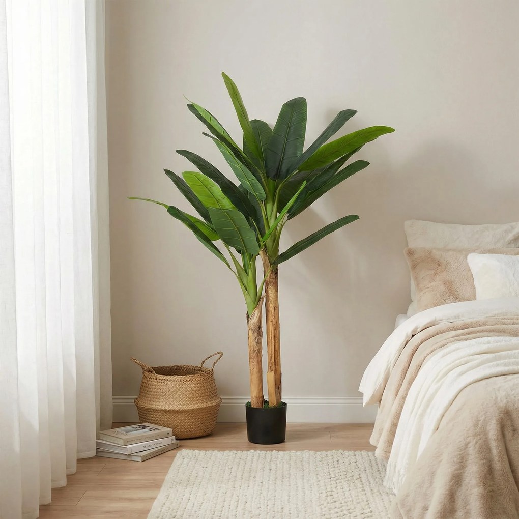 HOMCOM Arbore de banan artificial 150 cm Plantă artificială decorativă cu ghiveci și  2 trunchiuri pentru Casă Birou Living Verde | Aosom Romania
