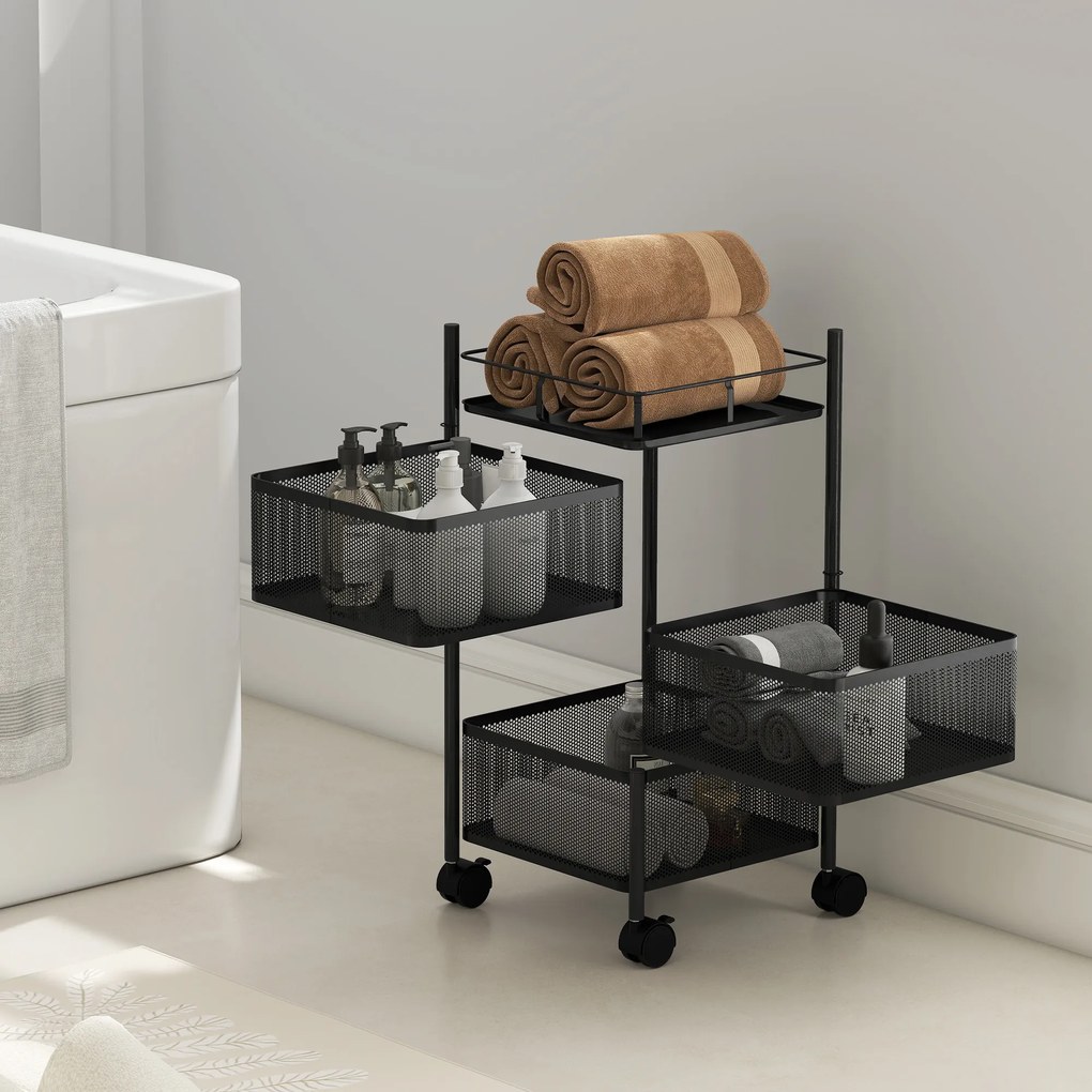 HOMCOM Cărucior de Bucătărie cu 3 Nivele cu Coșuri Rotative din Metal, Roți și Frână, 27,5x27,5x62 cm, Negru | Aosom Romania