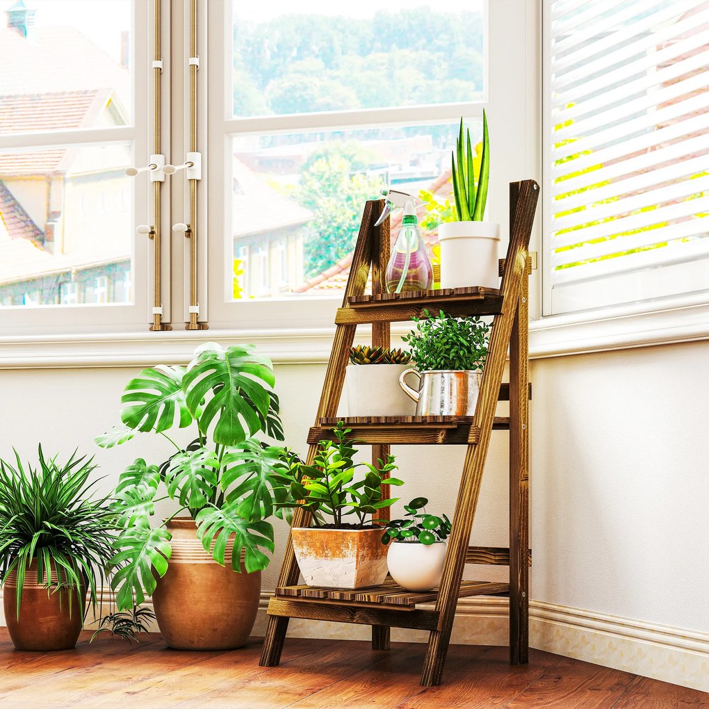 Outsunny Suport pentru Plante Pliabil, Jardinieră cu 3 Niveluri, Raft de Exterior pentru Plante, 40x37x93 cm, Lemn Natural | Aosom Romania