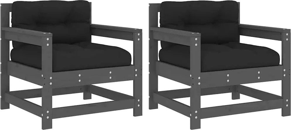 vidaXL Scaune de grădină cu perne, 2 buc., gri, lemn masiv de pin