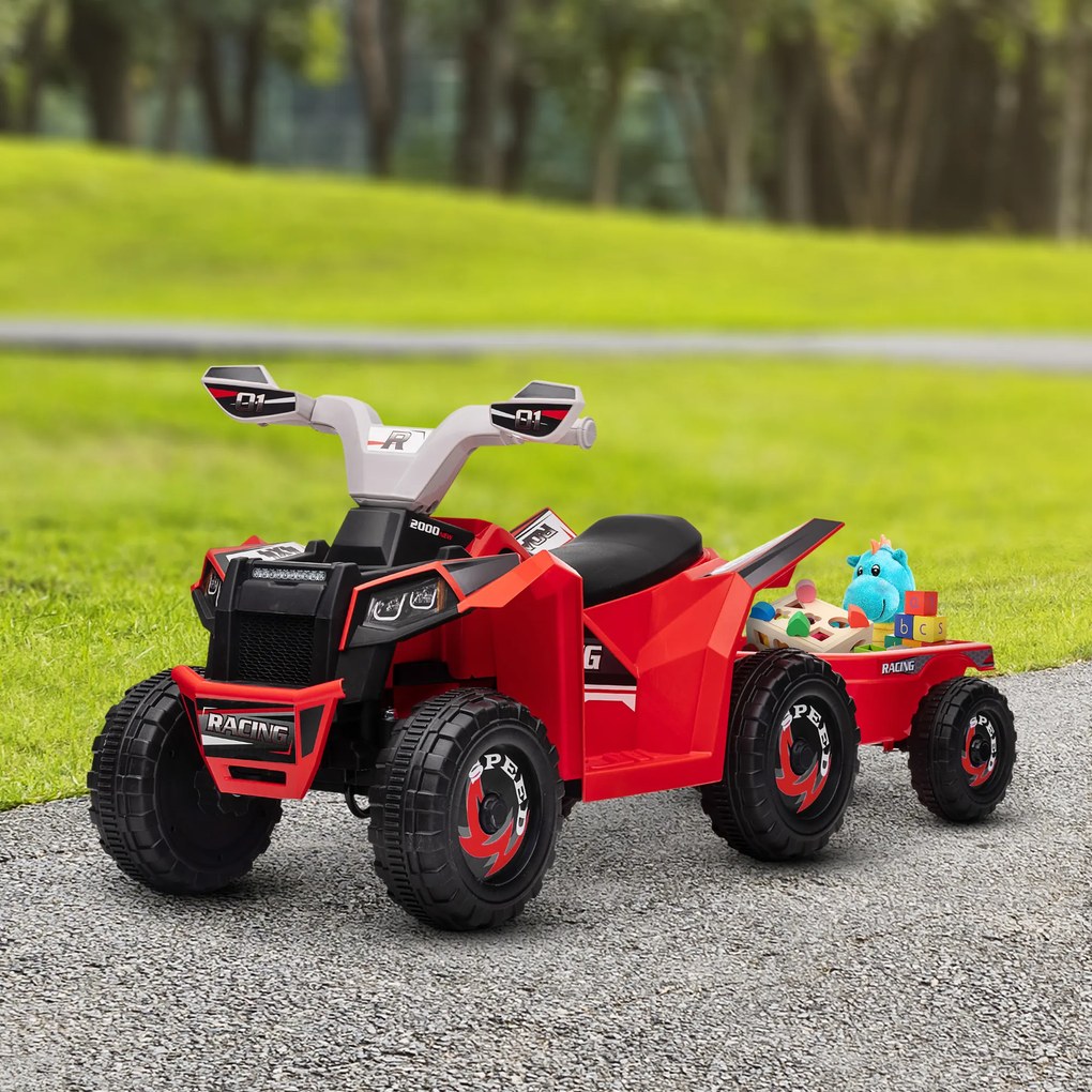 HOMCOM Quad Electric pentru Copii cu Remorcă, Pedală, Mers Înainte și Înapoi, 2,5 km/h, 18-36 Luni, Roșu | Aosom Romania