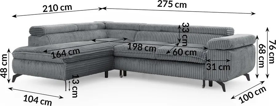 Colțar gri cu tapițerie din catifea reiată (cu colț pe partea stângă/în formă de ”L”) Marbeya – Ropez