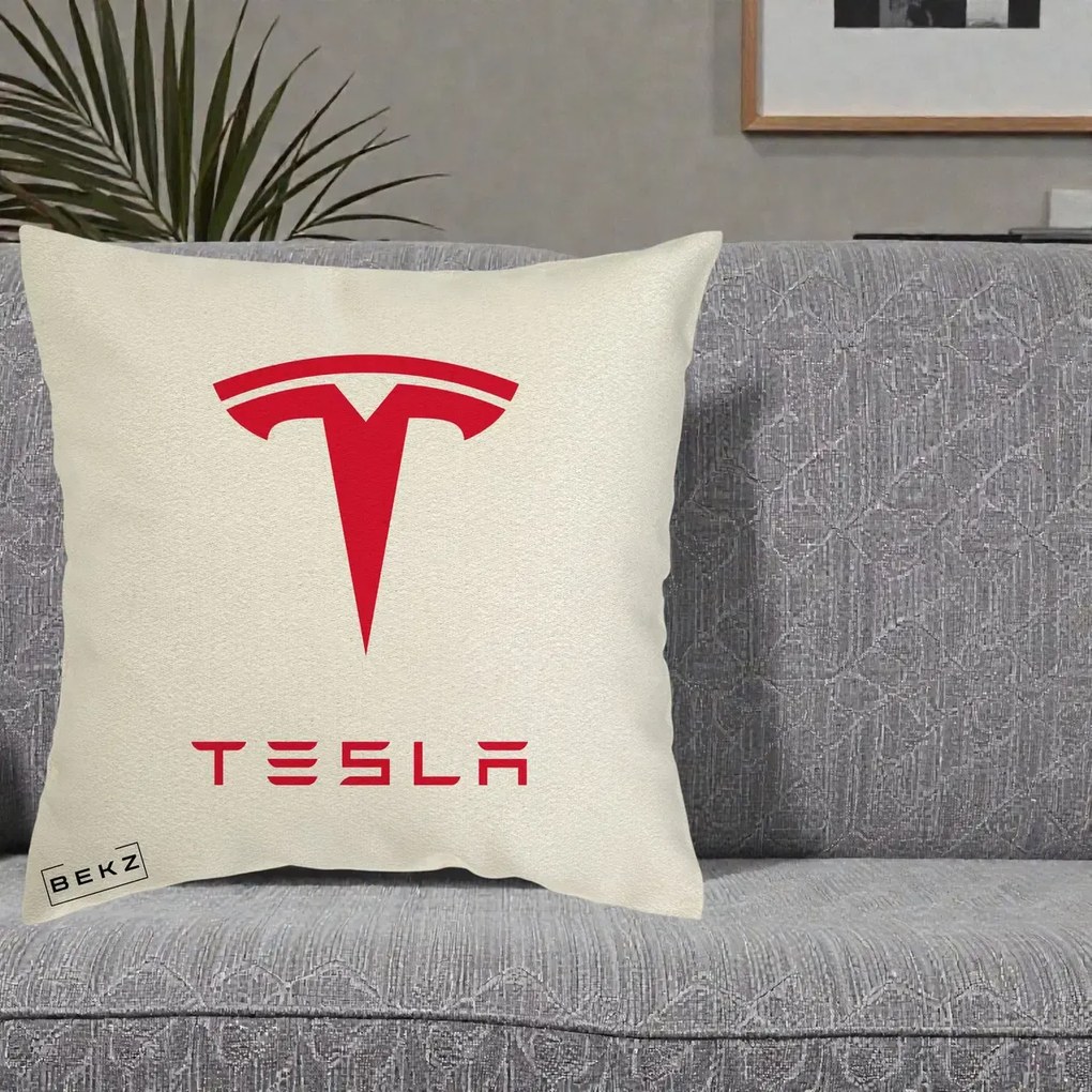 Perna Personalizata cu emblema Tesla, 40x40 cm, Ecru, Husa Detasabila, Perna Inclusa, BEKZ®