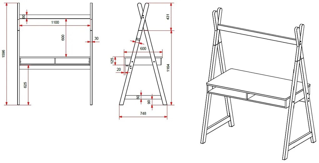 Birou pentru copii Tipi din lemn masiv de pin și MDF lăcuit – colecția Kiddy – Vipack