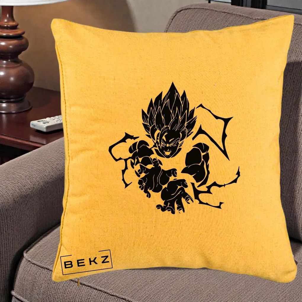 Perna personalizata Dragon Ball Goku Super Saiyan Silueta, 40x40 cm cu Umplutura, Galben, BEKZ