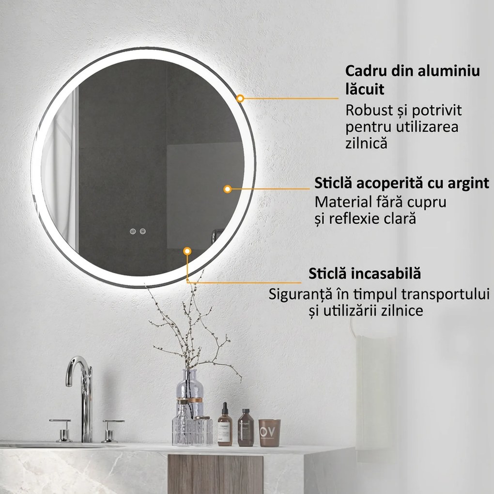 kleankin Oglindă de baie rotundă cu LED 80 cm, 3 culori, 3000-6500K, comenzi touch, memorie, antiaburire | Aosom Romania