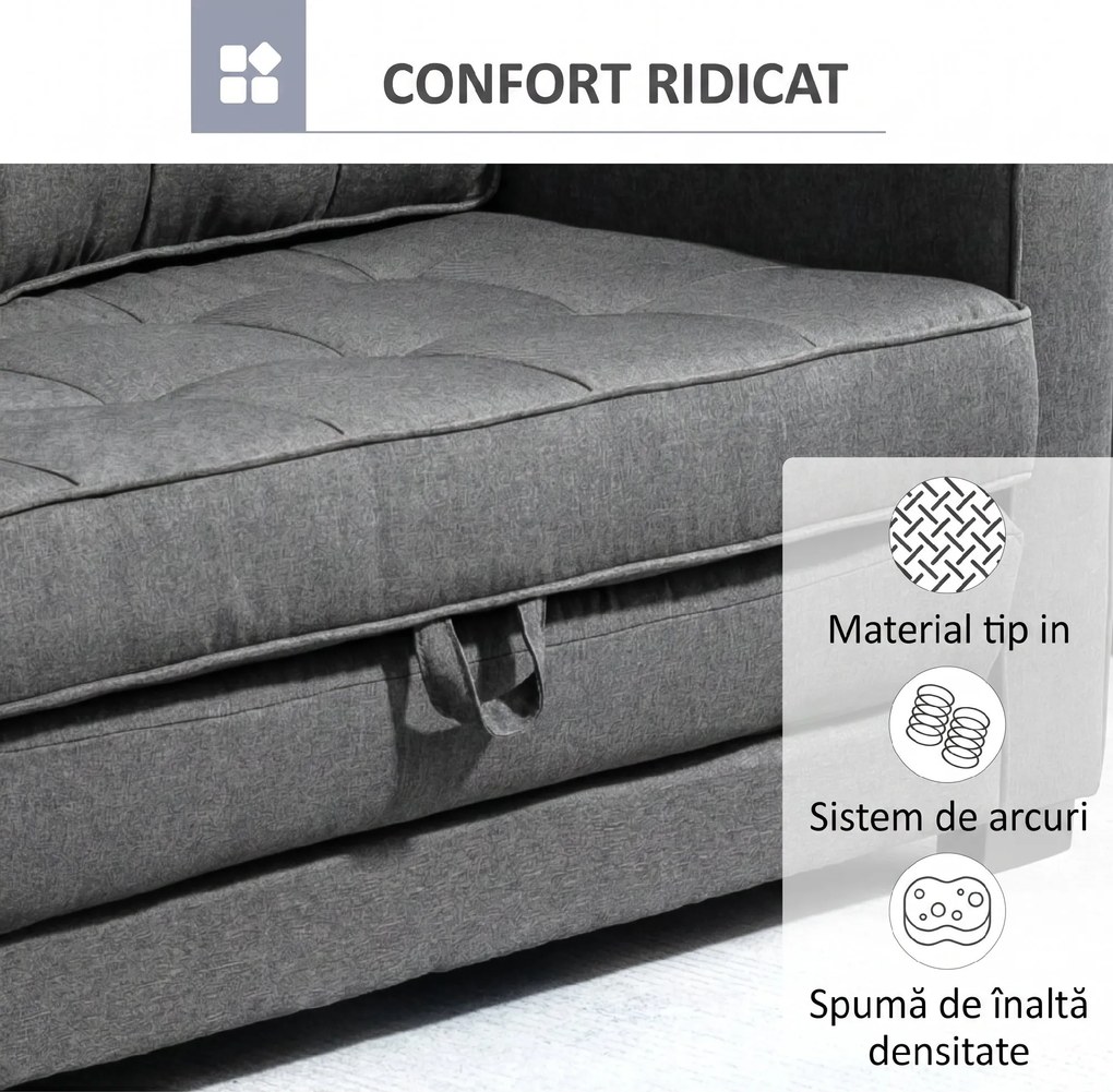 HOMCOM Canapea Extensibilă din Material Textil 2 Locuri cu Capitonaj și Arcuri, 151x75x85 cm, Gri | Aosom Romania