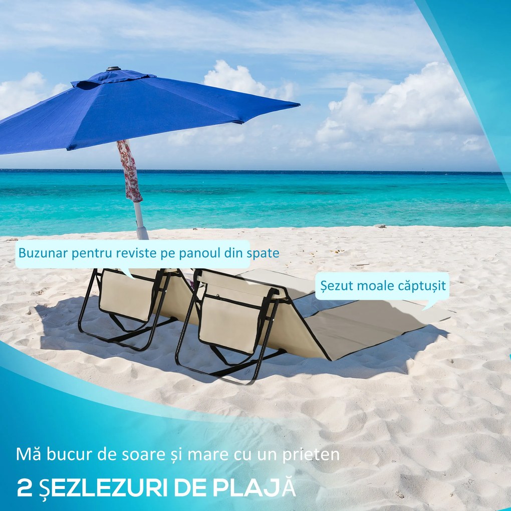 Outsunny Set 2 Șezlonguri Pliabile cu Unghi Reglabil și Buzunar cu Fermoar, 142x51x40 cm, Albastru | Aosom Romania