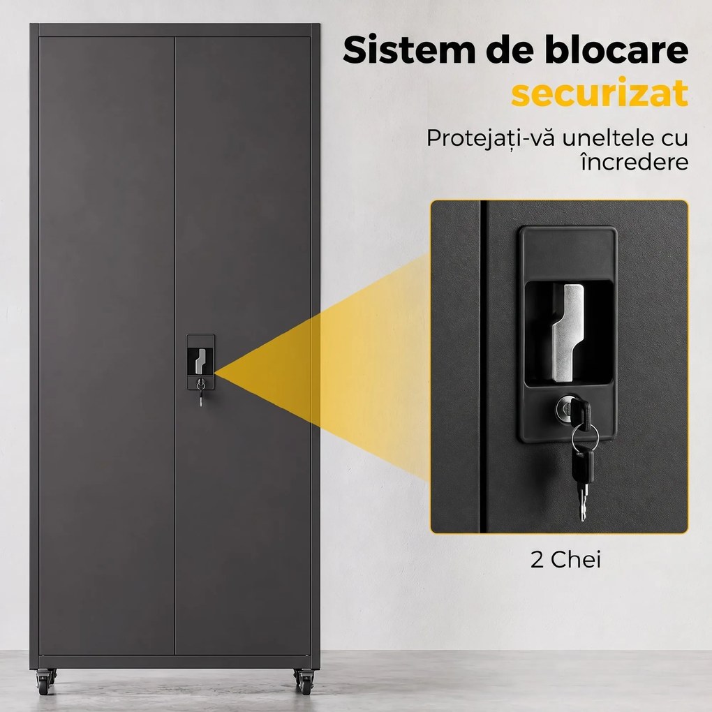HOMCOM Dulap Metalic pentru Depozitare, Oțel, Încuietoare, Roți Detașabile și Rafturi Reglabile, 80x40x180 cm, Negru | Aosom Romania