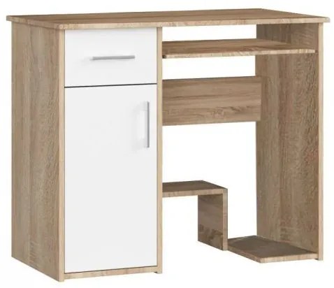 Birou calculator, placa laminata, 1 sertar, 3 rafturi, stejar si alb, 90x50x74 cm