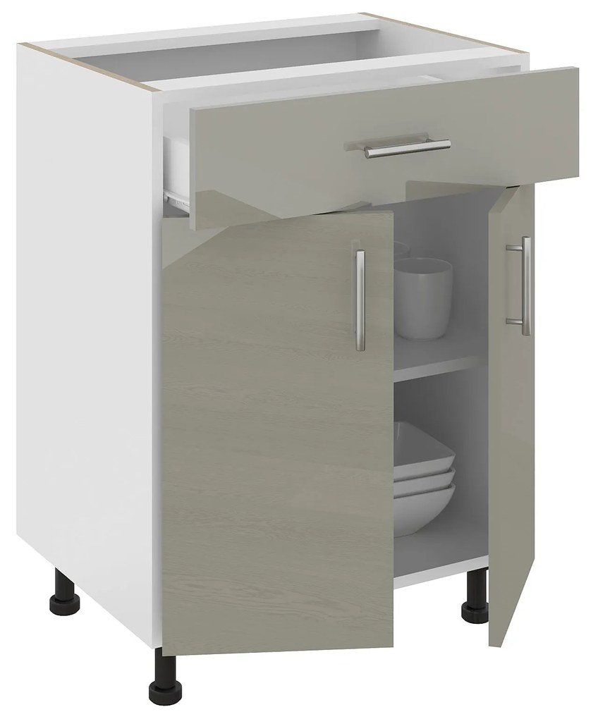 Corp Baza Karo, 1 Sertar, 2 Usi, Gri Lucios/Alb, MDF, 60 x 50 x 80 cm