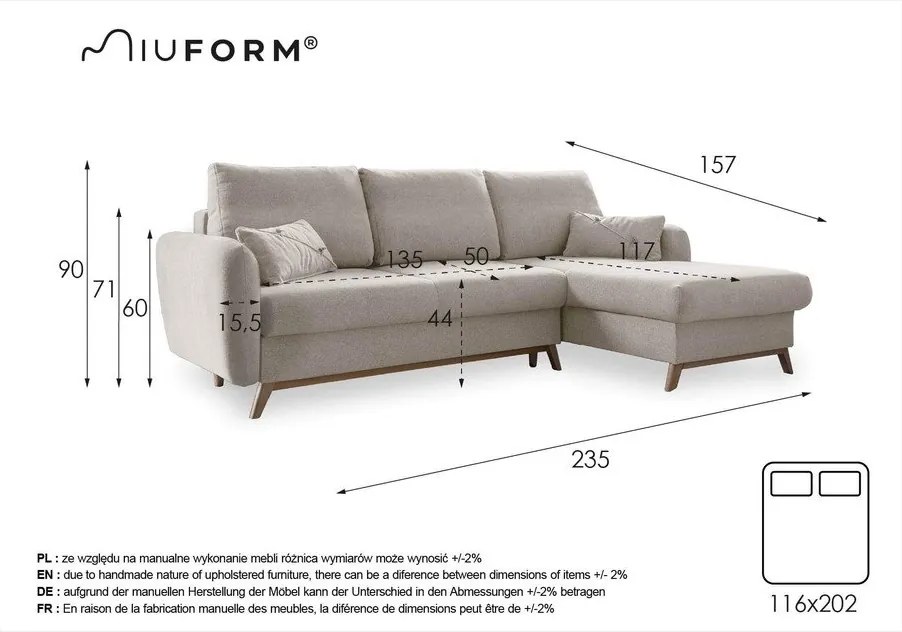 Colțar extensibil cu șezlong pe partea dreaptă Miuform Scandic Lagom, gri deschis