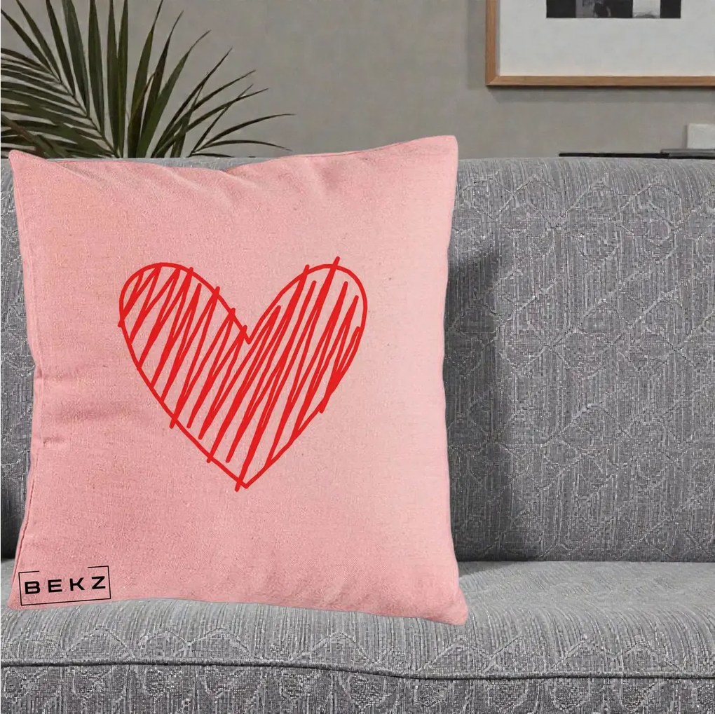 Perna Decorativa Inima Rosie Desen Manual, 40x40 cm, Roz, Husa Detasabila, Perna Inclusa, BEKZ®