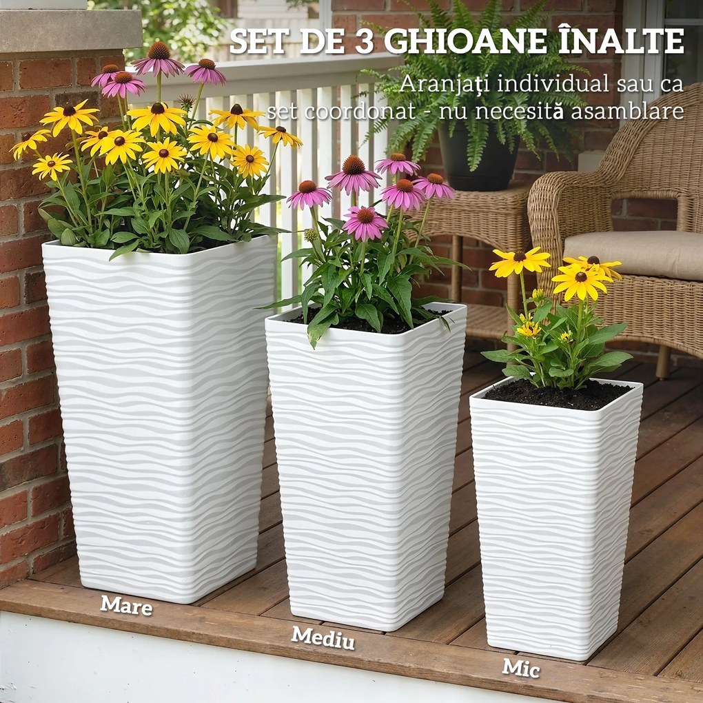 Outsunny Set de 3 Ghivece de Exterior Suprapozabile cu Model Ondulat, Ghivece Pătrate din Plastic pentru Flori cu Orificii de Drenaj, 42/55/65 cm, Alb, Negru, Maro | Aosom Romania