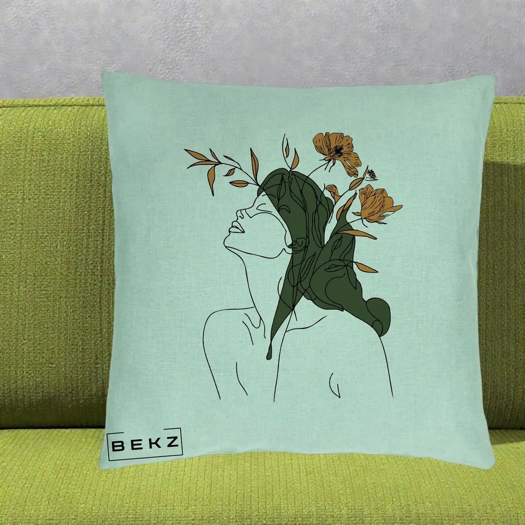 Perna Decorativa Portret Feminin Profil Flori Portocalii, 40x40 cm, Verde Menta, Husa Detasabila, Perna Inclusa, BEKZ®