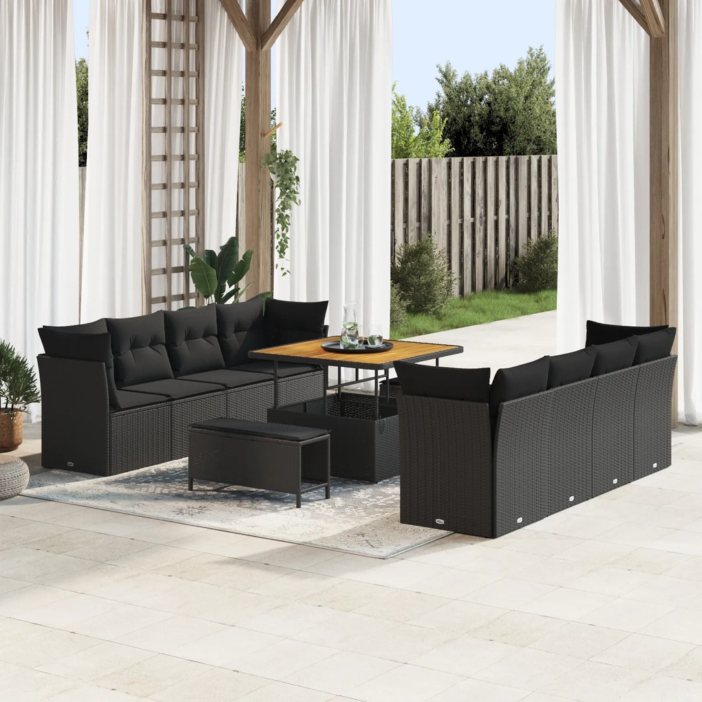 Set canapea vidaXL 11 piese cu perne Ratan Polipropilenă Negru