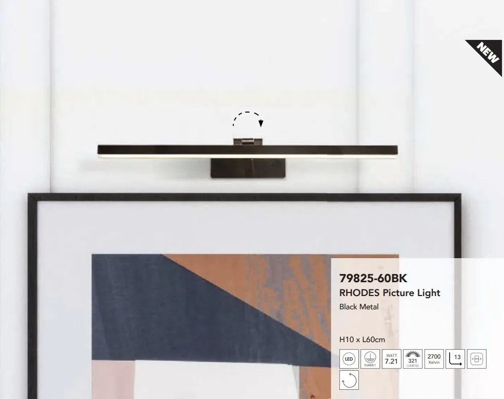 Aplica de perete LED pentru oglinda sau tablou Rhodes negru, L-60cm