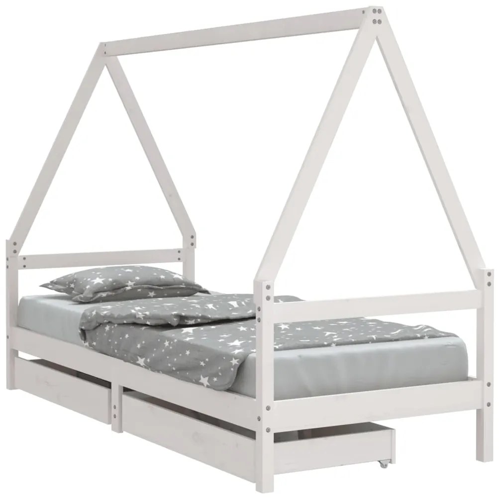834469 vidaXL Cadru de pat cu sertare de copii, alb, 90x200 cm lemn masiv pin