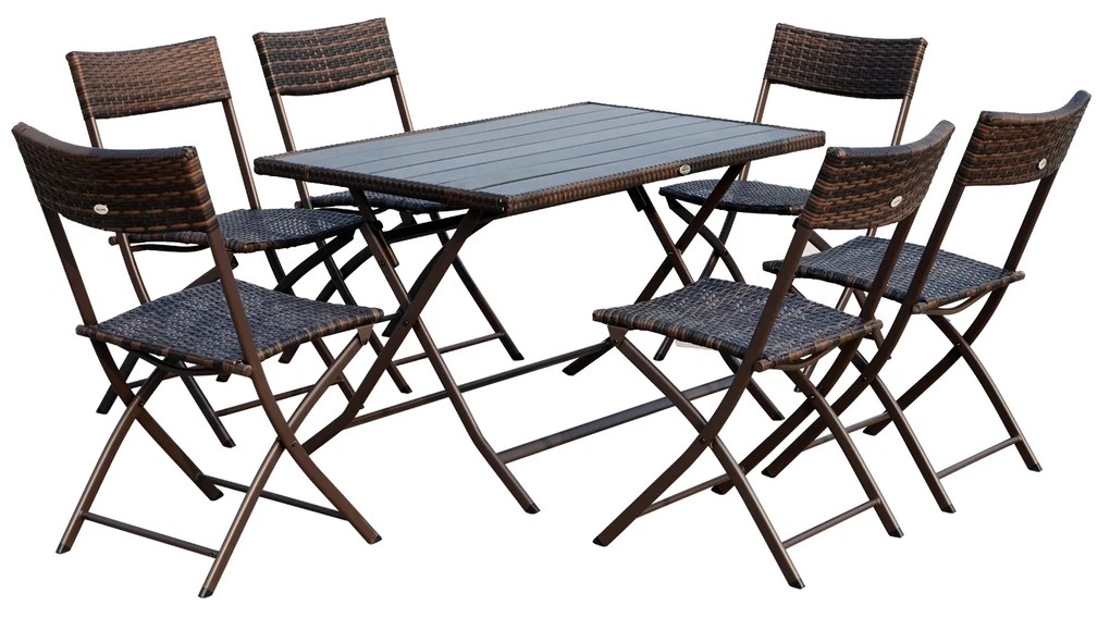 Set Mobilier Pe Rattan cu Masa de Pranz 120×70×71cm si 6 Scaune Pliabile de Gradina 61×46×84cm, Maro Outsunny | Aosom Romania