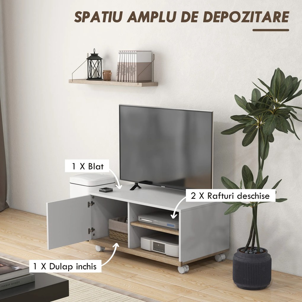 HOMCOM Dulap TV 42" Max cu 2 Rafturi deschise si Usa, Dulap TV Jos din PAL cu Roti, 80x45x39.5 cm, Alb | Aosom Romania