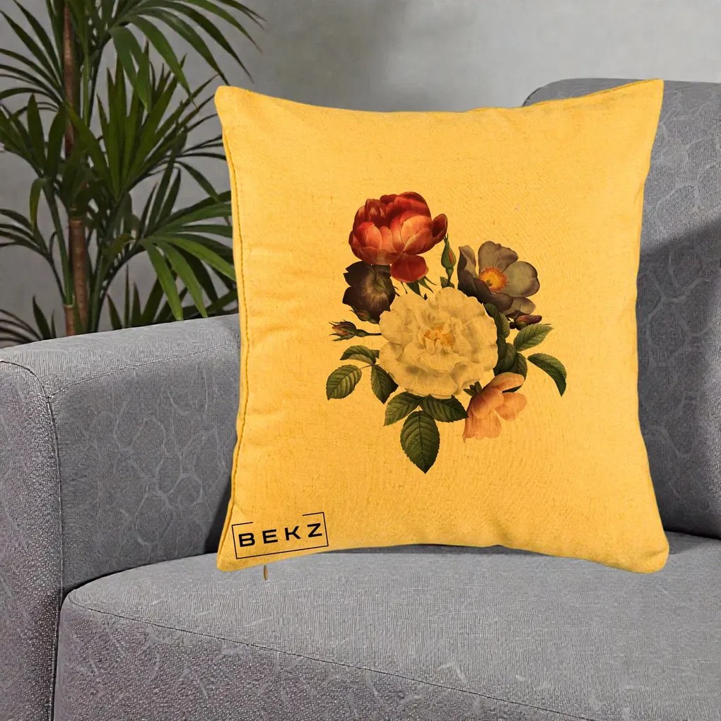 Perna Decorativa Buchet Trandafiri Bujori Botanical, 40x40 cm, Galben, Husa Detasabila, Perna Inclusa, BEKZ®