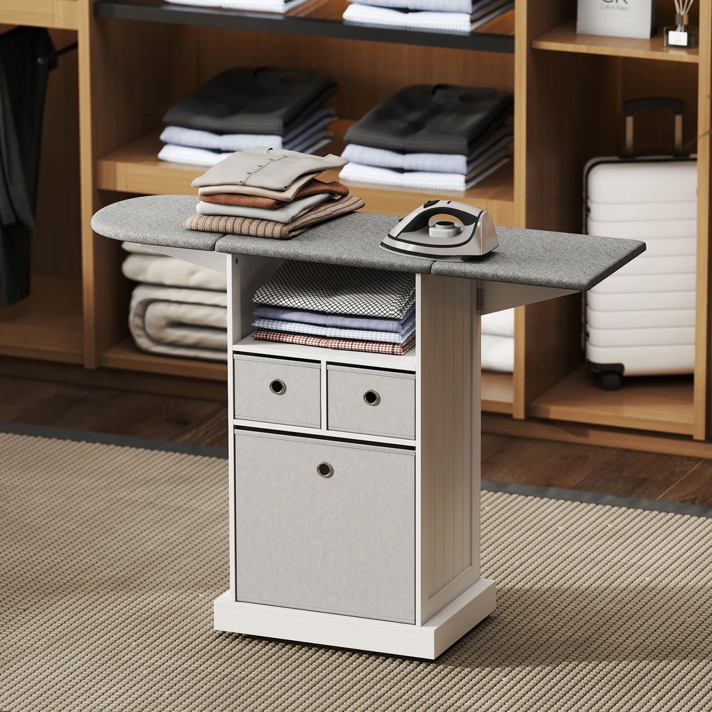 HOMCOM Dulap cu Masă de Călcat Pliabil Economisitor de Spațiu, Dulap Multifuncțional cu 3 Sertare din Material Textil Aspect In, Roți Cu Frână, Raft Deschis, pentru Băi și Spații de Rufe, 121x37x89.5 cm, Alb | Aosom Romania