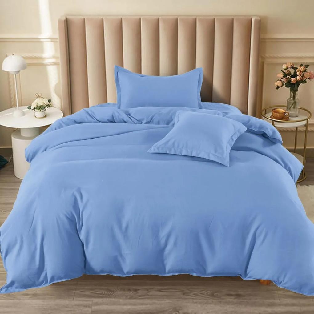 Lenjerie de pat cu elastic, uni, tesatura tip finet, pat 1 persoana, albastru deschis, 4 piese, FJ1-86