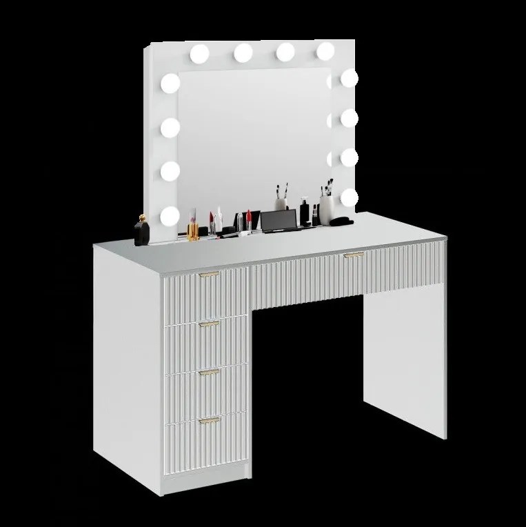 Masuta machiaj cu Oglinda LED si 5 Sertare pentru Cosmetice, Set Masa toaleta 120 cm, Alb, masuta cosmetica, vanity - SEN22