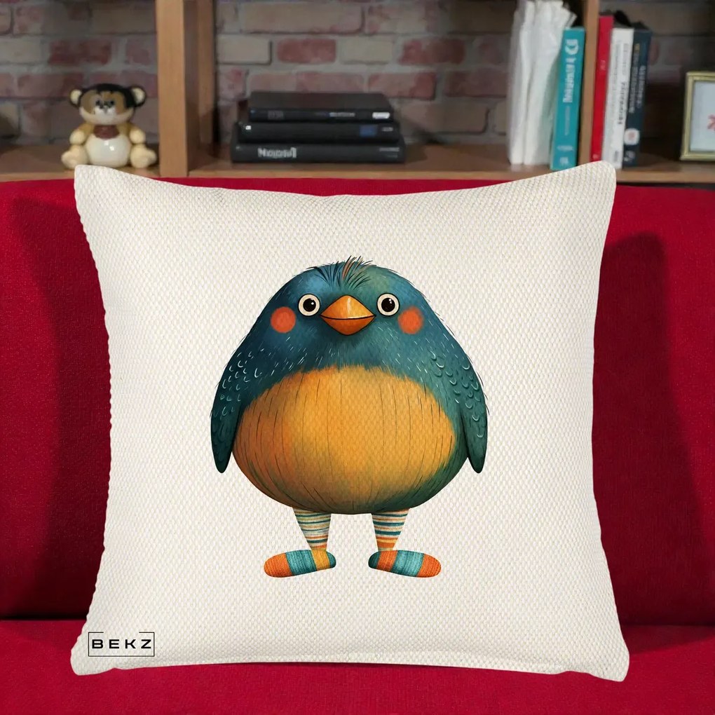 Perna Decorativa Pasare Teal cu Sosete Dunghi, 40x40 cm, Crem Reliefat, Husa Detasabila, Perna Inclusa, BEKZ®