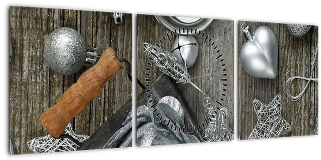 Tablou - decorațiuni argintii de Crăciun (cu ceas) (90x30 cm)