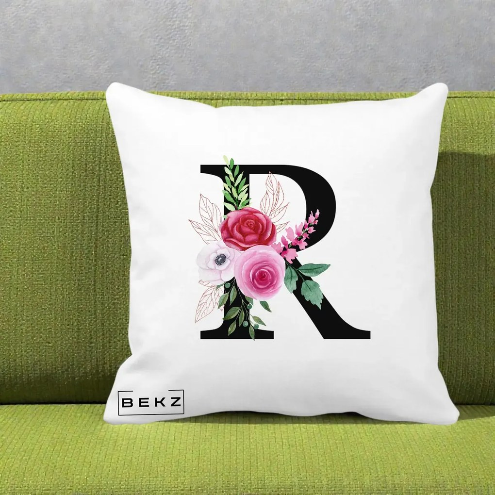 Cadou Personalizat - Perna Personalizata Monograma Florala Litera R, 40x40 cm, Alba Mata, Husa Detasabila, Perna Inclusa, BEKZ®