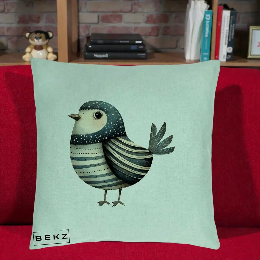 Perna Decorativa Pasare Teal Decorativa Dungata, 40x40 cm, Verde Menta, Husa Detasabila, Perna Inclusa, BEKZ®