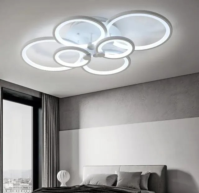 Lustră LED cu Telecomandă, Meda 4+2 cercuri,168W, Alb, 74 cm