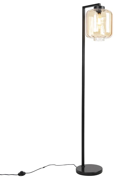 Lampă de podea design negru cu sticlă chihlimbar - Qara