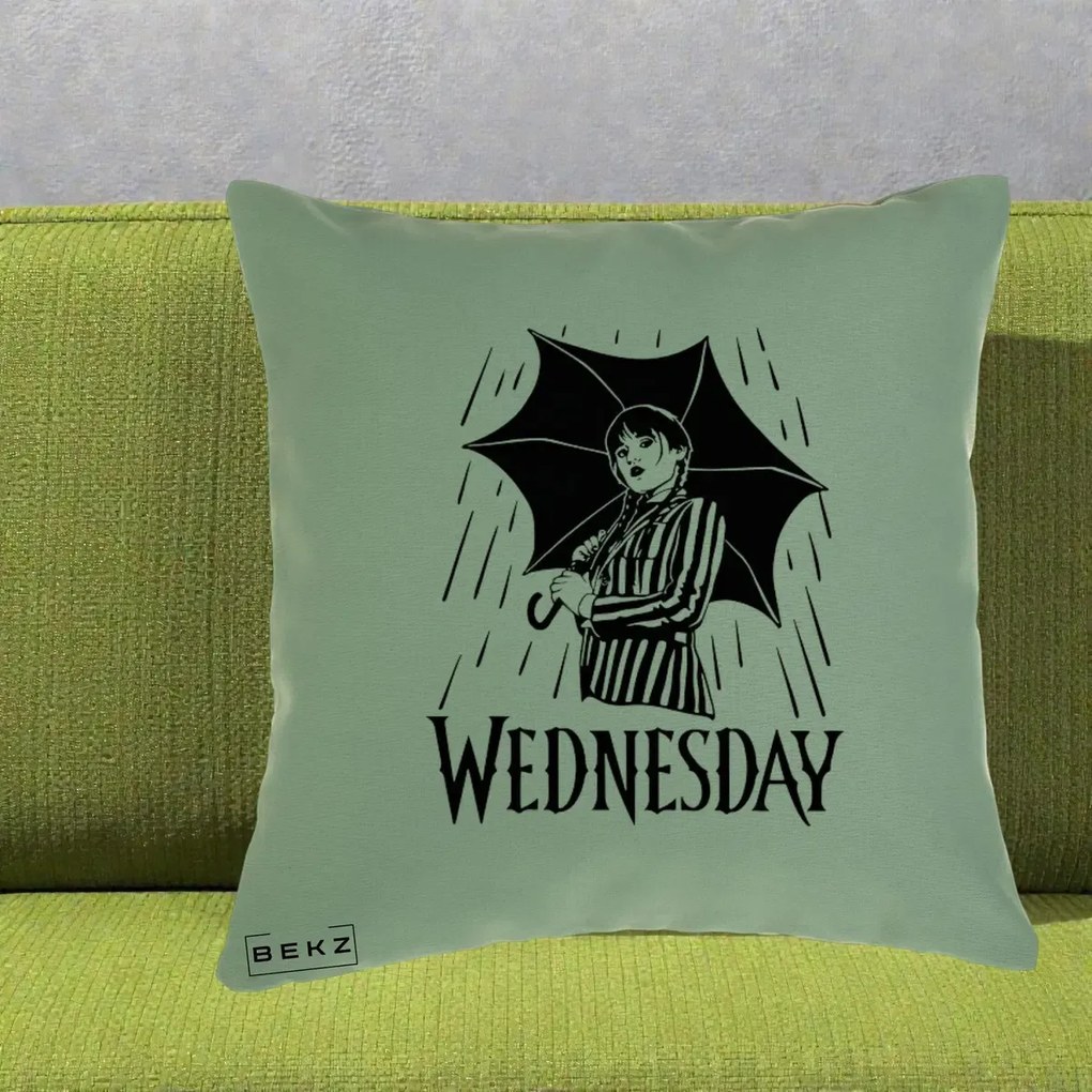 Perna Personalizata Wednesday cu Umbrela Ploaie Lineart, 40x40 cm, Verde, Husa Detasabila, Perna Inclusa, BEKZ®