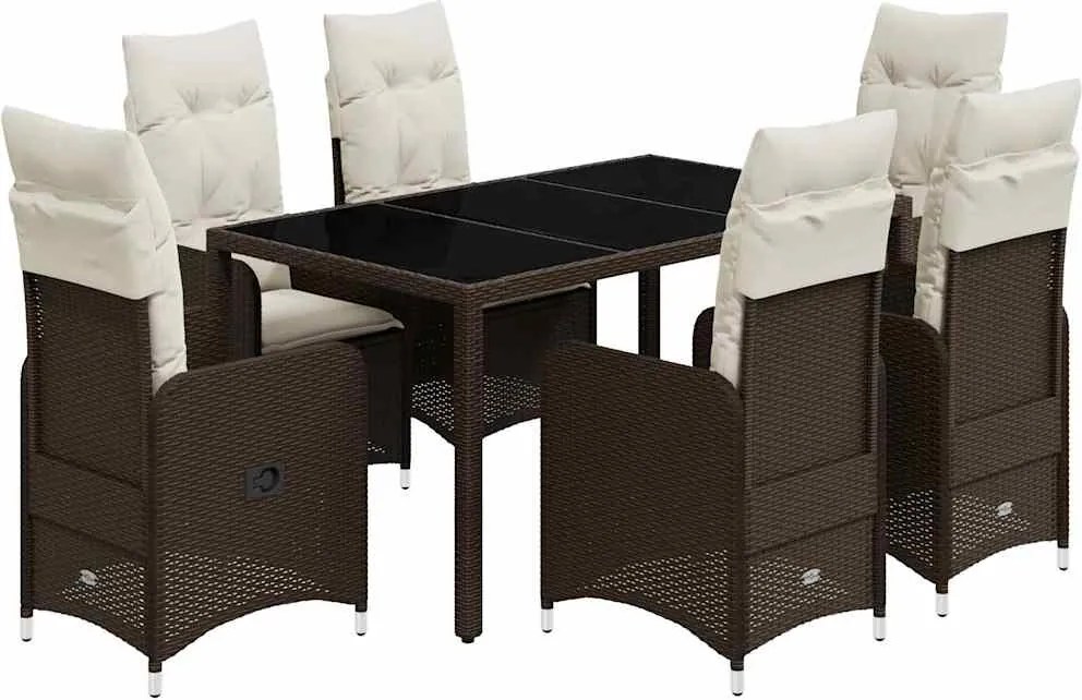 vidaXL Set bistro de grădină cu perne, 7 piese, maro, poliratan