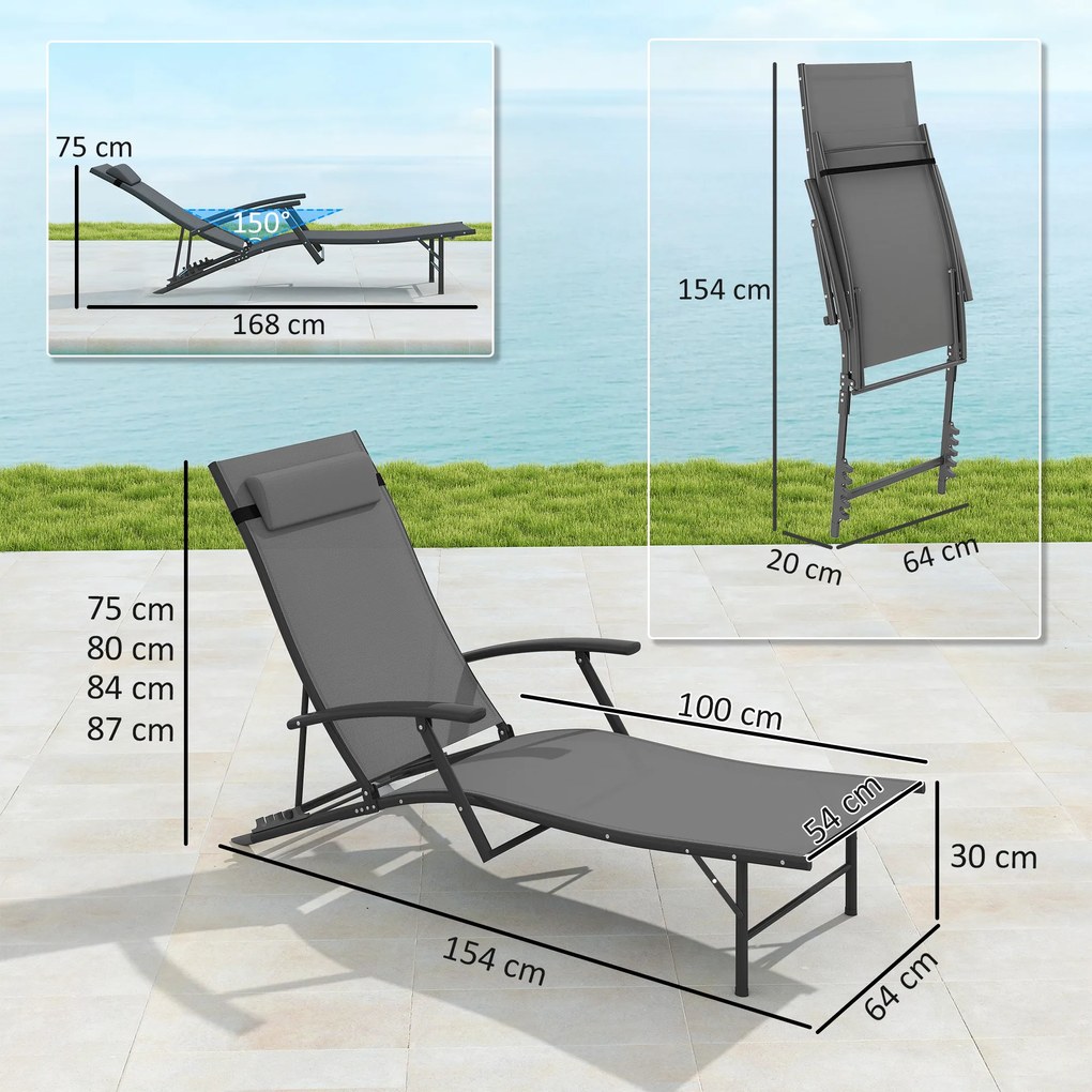 Outsunny Set de 2 Șezlonguri Pliante, Ajustabile în 4 Poziții cu Cotiere și Perne, 64x154x87 cm, Gri | Aosom Romania