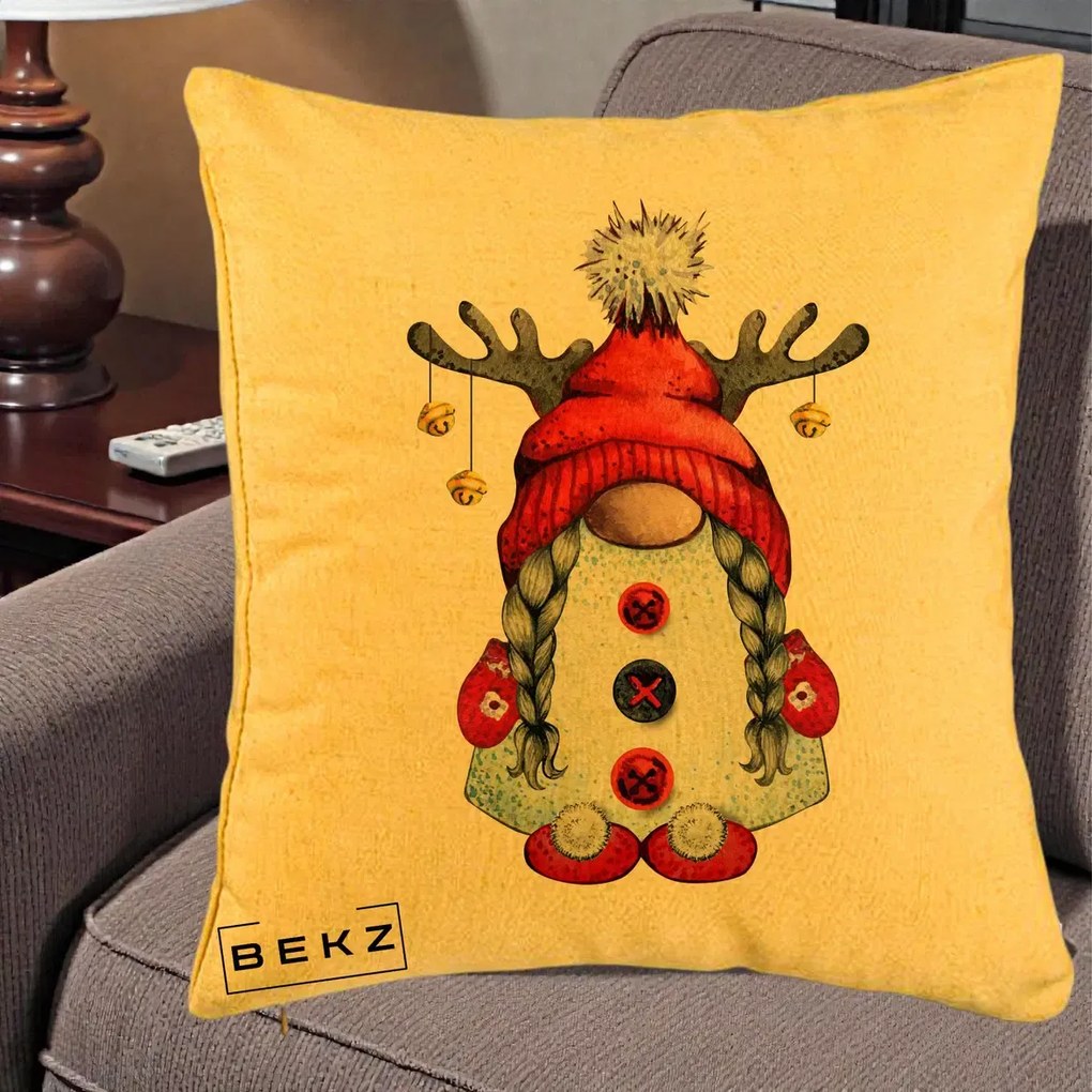 Perna Decorativa Pitic Gnom Craciun cu Coarne de Ren, 40x40 cm, Galben, Husa Detasabila, Perna Inclusa, BEKZ®