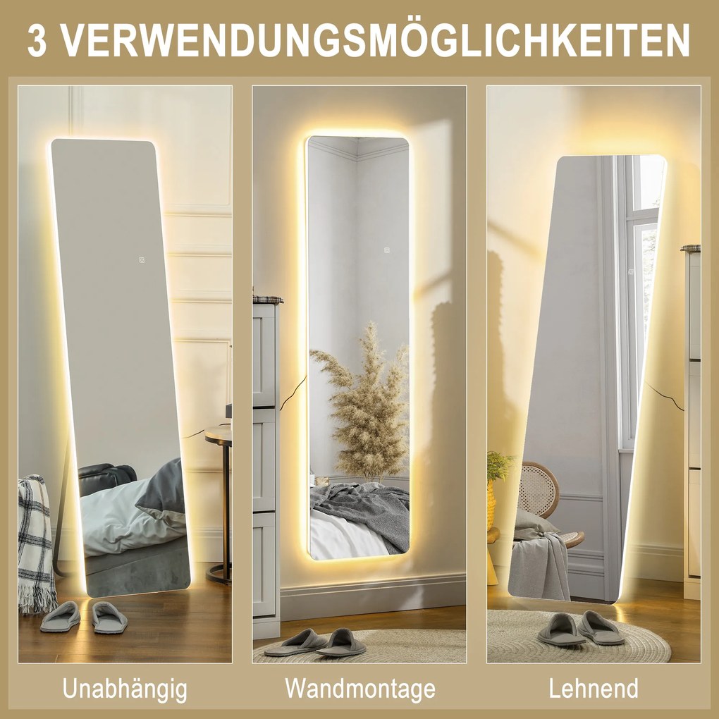HOMCOM Oglindă întreagă cu LED-uri, control tactil, reglabil, fără ramă, 40 x 150 cm | Aosom Romania