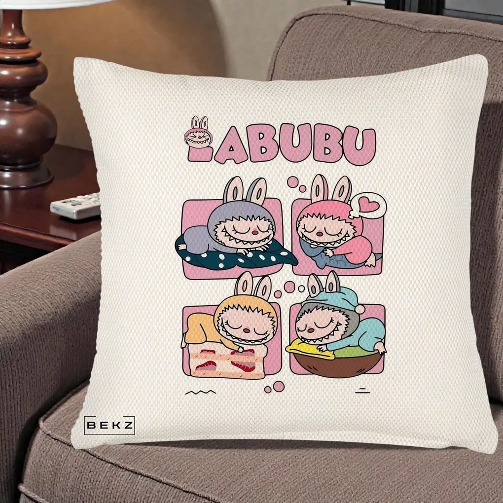 Perna Personalizata Labubu Sleeping Quad Grid, 40x40 cm, Crem Reliefat, Husa Detasabila, Perna Inclusa, BEKZ®