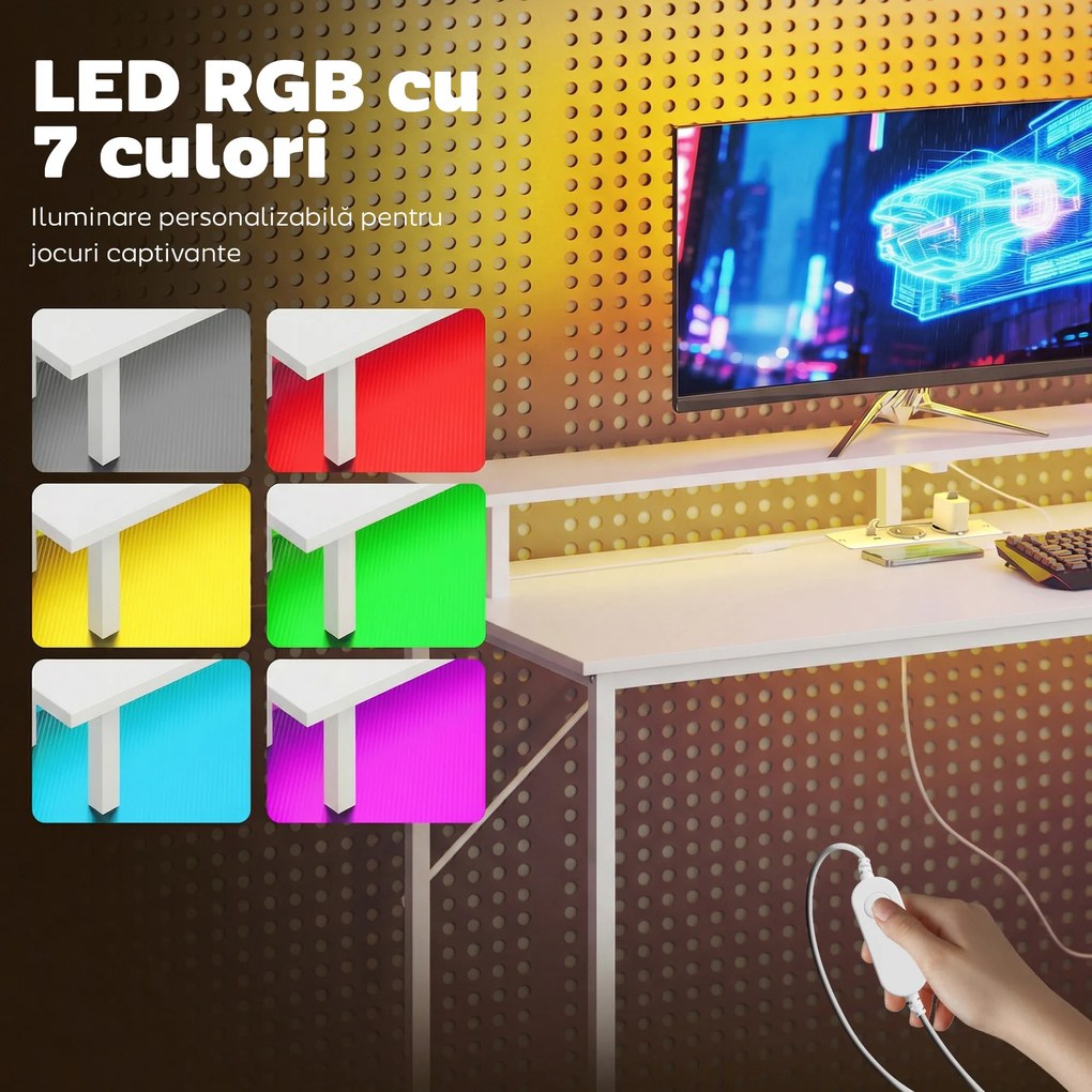 HOMCOM Birou Gaming cu Suport CPU Reglabil Reversibil și LED, 147x47 cm, Stație de Încărcare, Suport Monitor, 3 Sertare din Material Textil, pentru Acasă, Birou sau Studio, Alb | Aosom Romania