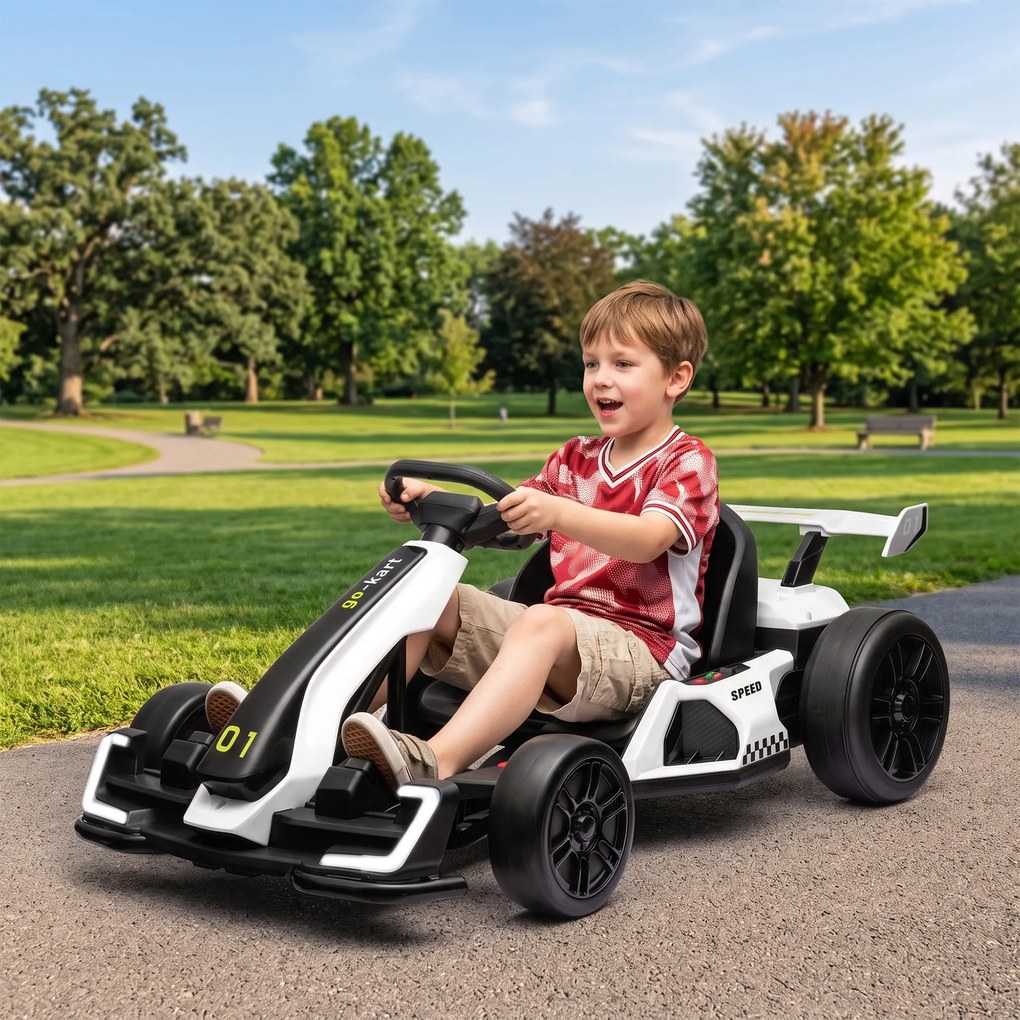 Kart electric pentru copii cu vârsta între 6-12 ani 24V 12km/h cu scaun reglabil, Drift Go-kart cu claxon, lumini, alb HOMCOM | Aosom Romania