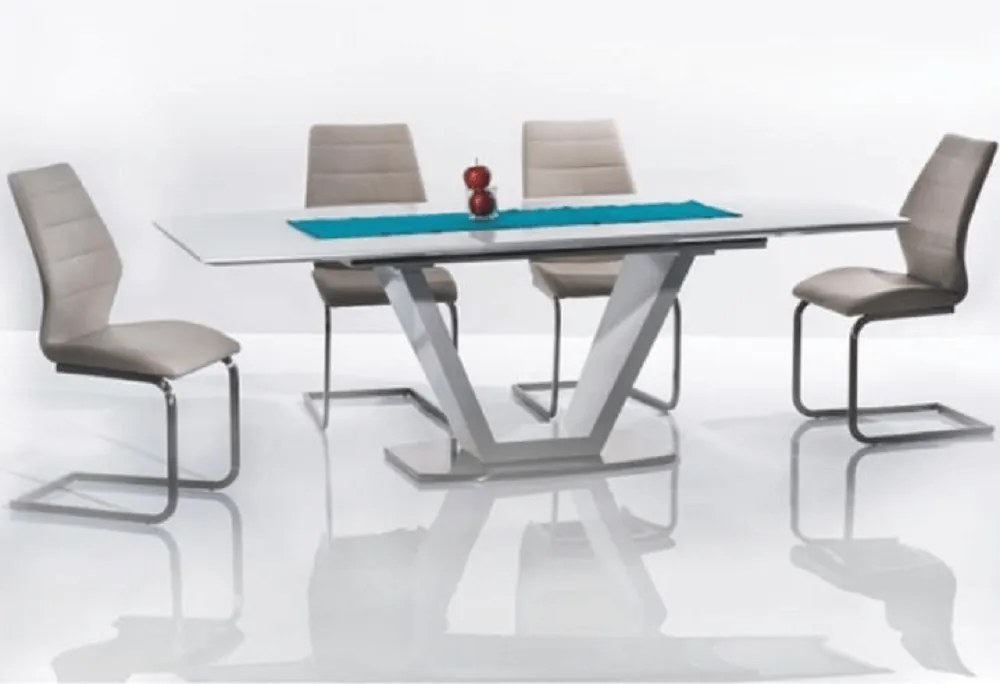 Masă dining, pliabilă, alb luciu extra ridicat / oţel, 160-220x90 cm, PERAK