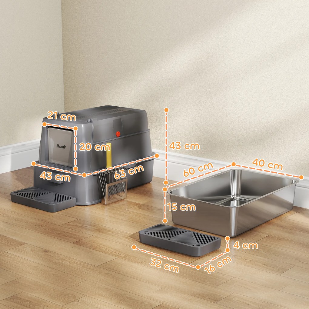 PawHut Litieră Închisă de 80L pentru Pisici cu Tavă Detașabilă, în ABS și Oțel Inoxidabil, 63x43x43 cm, Gri Închis | Aosom Romania