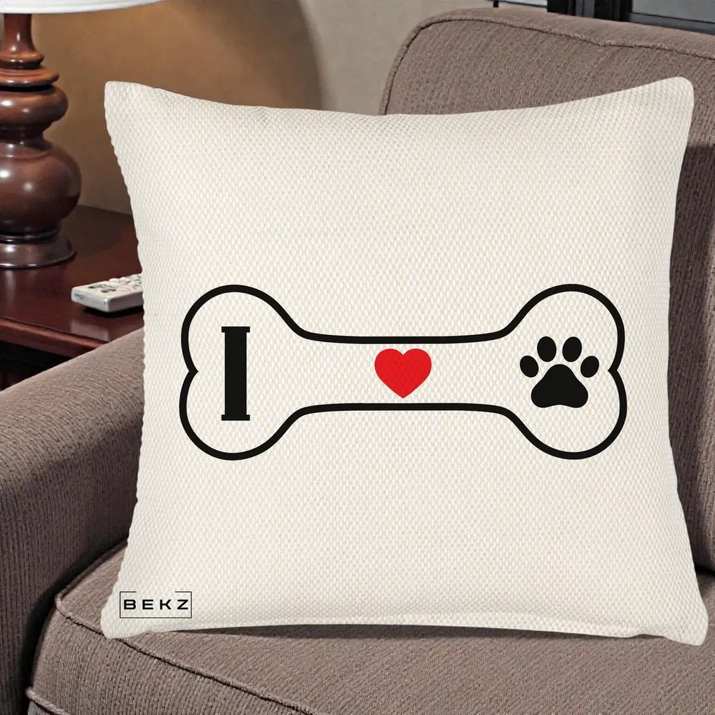 Perna Personalizata I Love Dog Os si Labuta, 40x40 cm, Crem Reliefat, Husa Detasabila, Perna Inclusa, BEKZ®